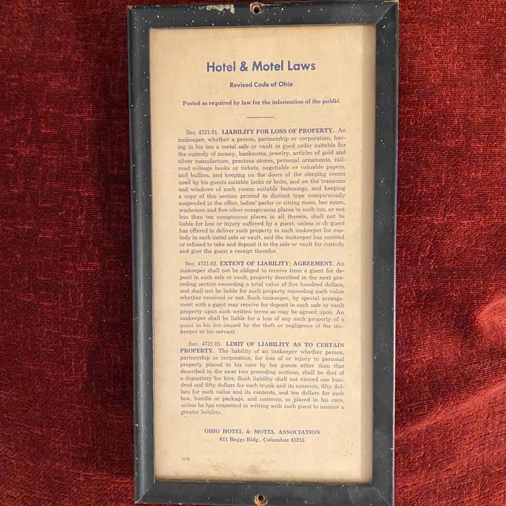vintage OHIO Hotel & Motel Laws framed signage
